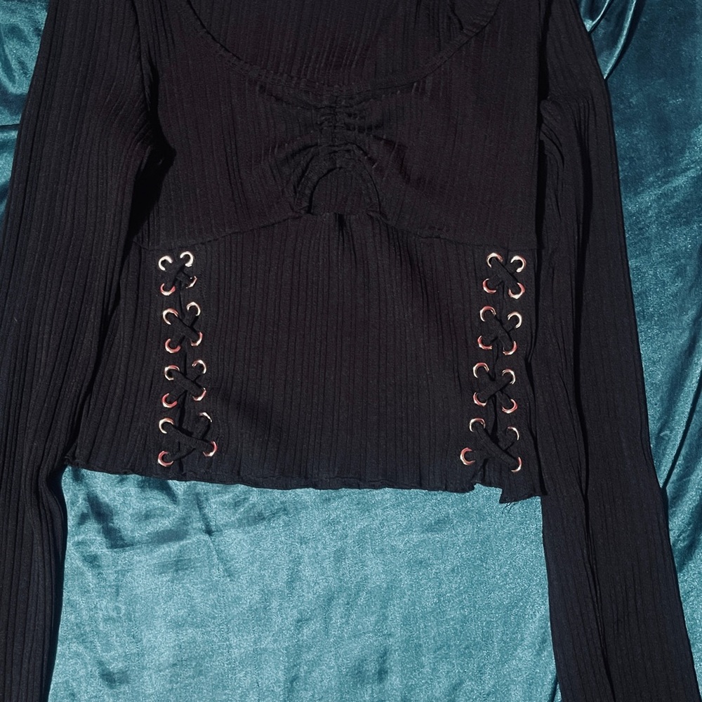 Dolls Kill Black Ribbed Crop Blouse with Cut Out